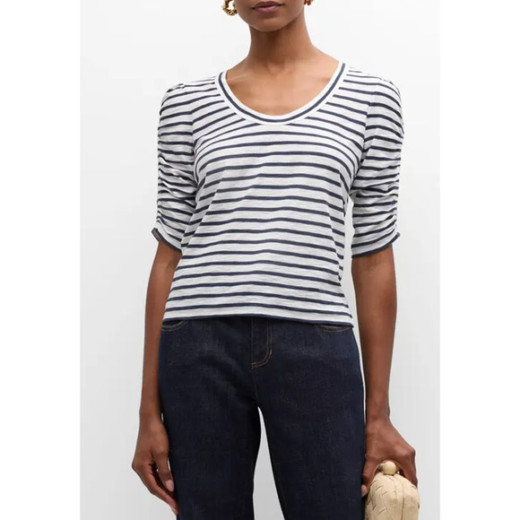 VERONICA BEARD TOP WOMENS SIZE SMALL NETTO TEE SHIRT PUFF SLEEVE NAVY WHITE - Picture 1 of 15